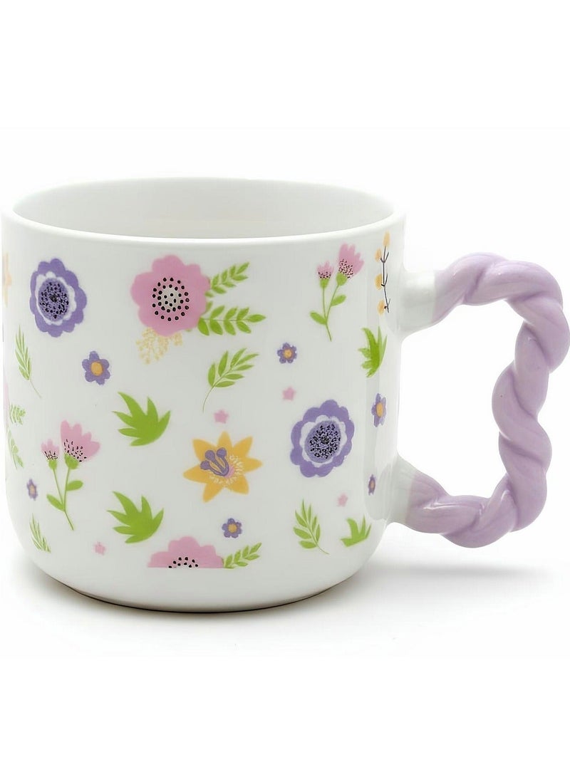 Premium Porcelain Floral Mug 380ml with Purple Twisted Handle and Ergonomic Design for Hot and Cold Drinks - Image 1